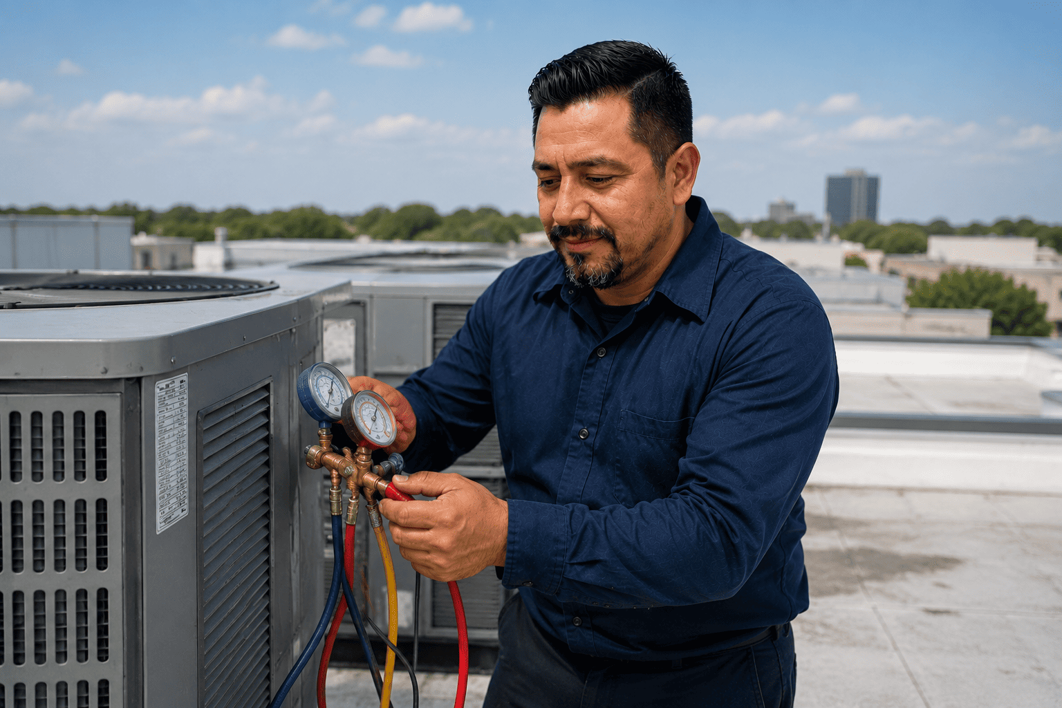 SwiftFix technician checking rooftop HVAC refrigerant pressure