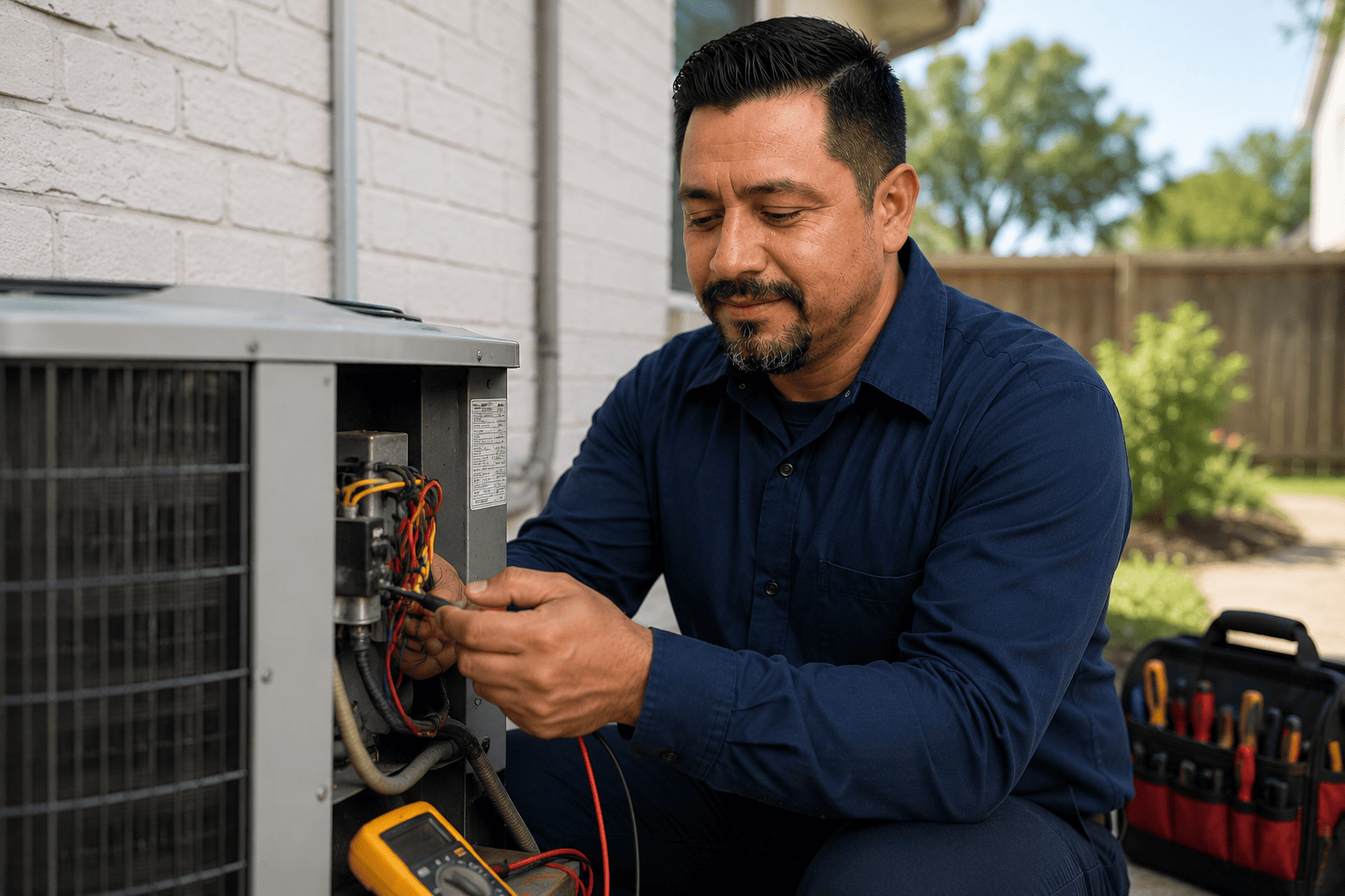SwiftFix HVAC technician inspecting a home cooling system