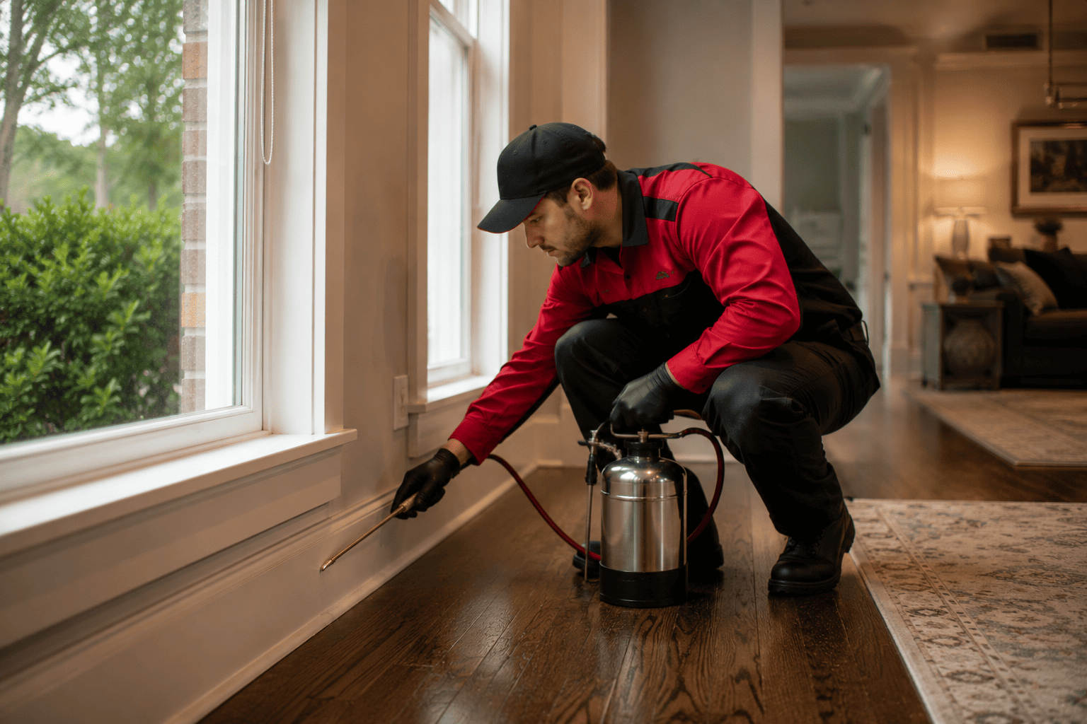 Licensed ShieldPest technician treating an Atlanta home interior