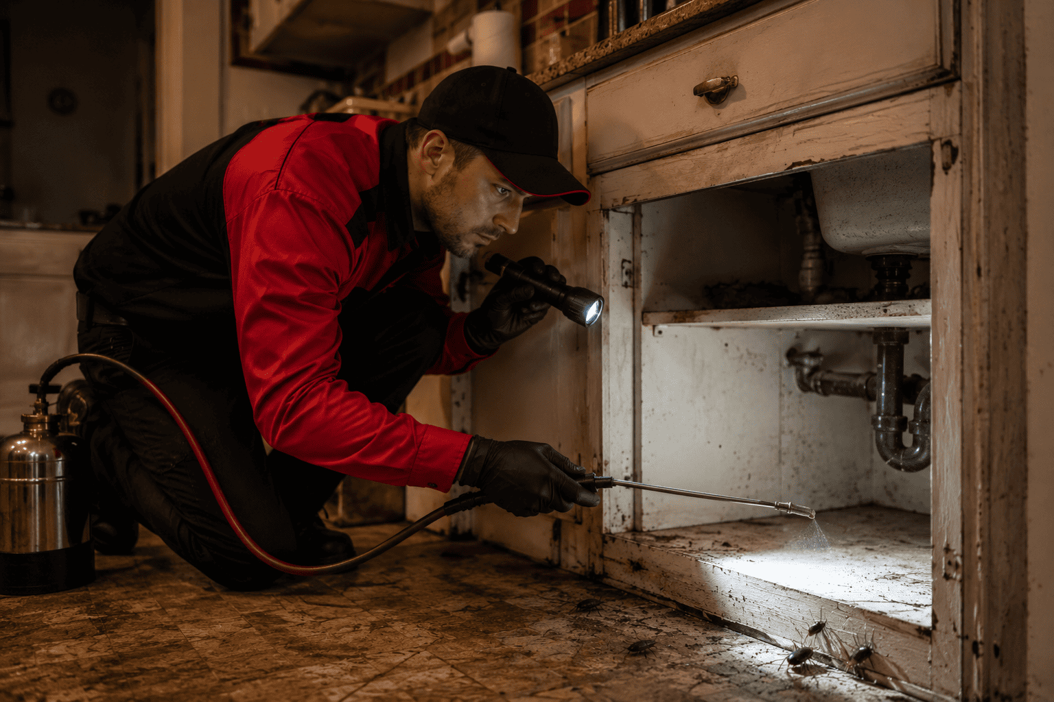 ShieldPest technician treating a kitchen cabinet area for ants and cockroaches