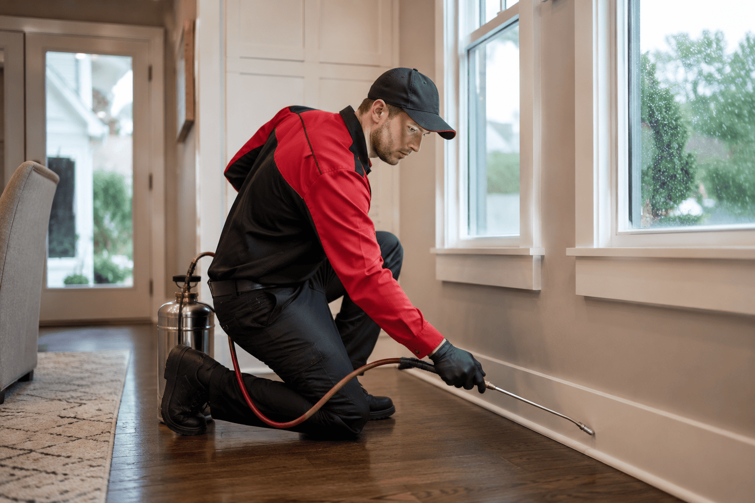ShieldPest technician treating baseboards during general pest control service