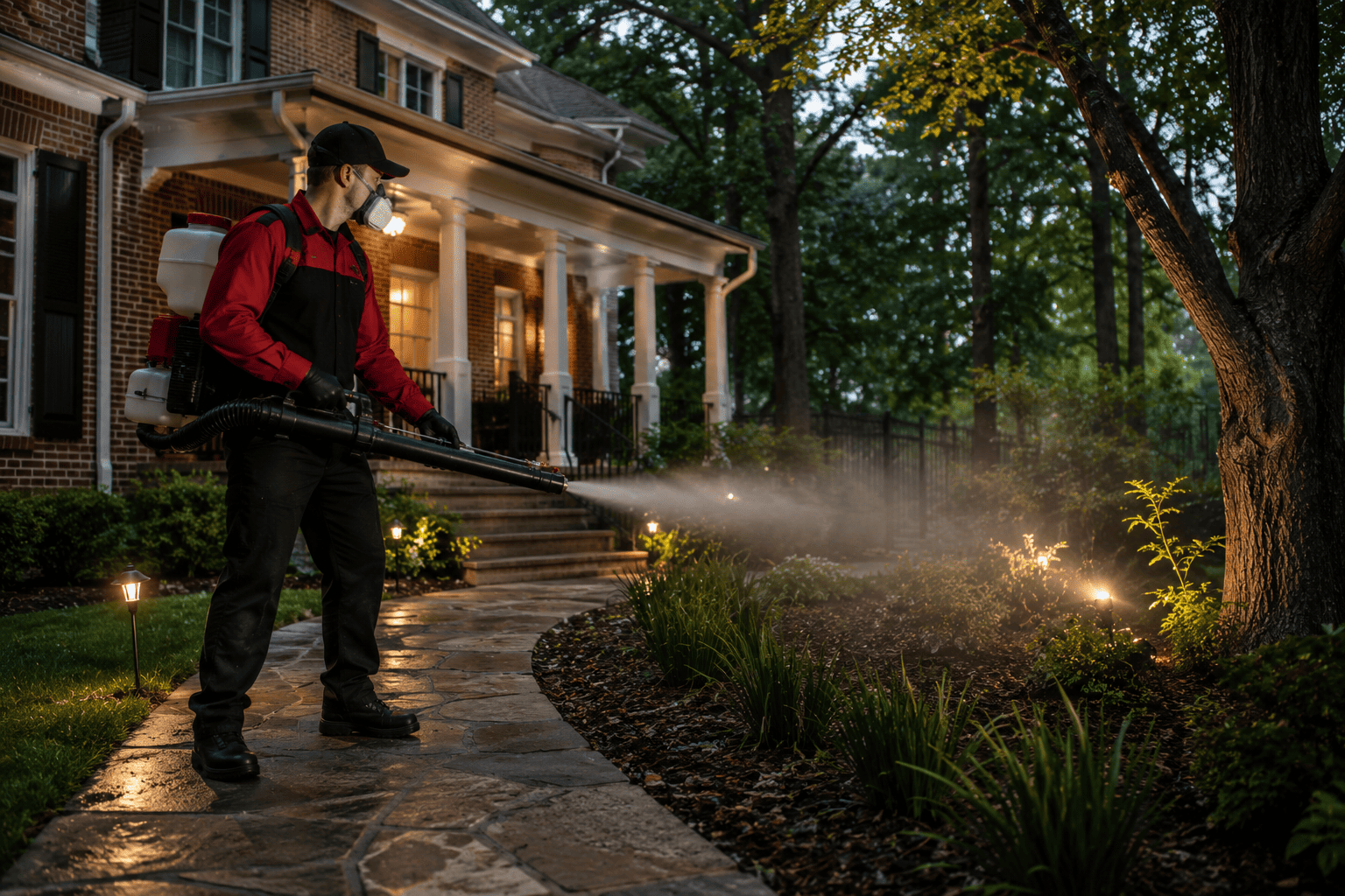 ShieldPest technician applying mosquito treatment around an Atlanta home landscape