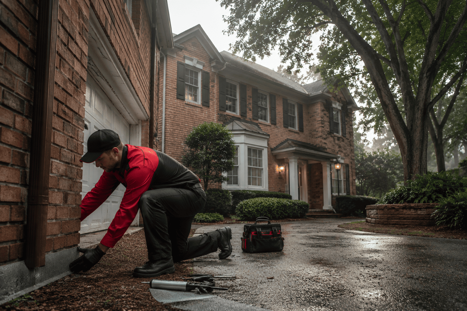 ShieldPest technician sealing an exterior entry point for rodent exclusion