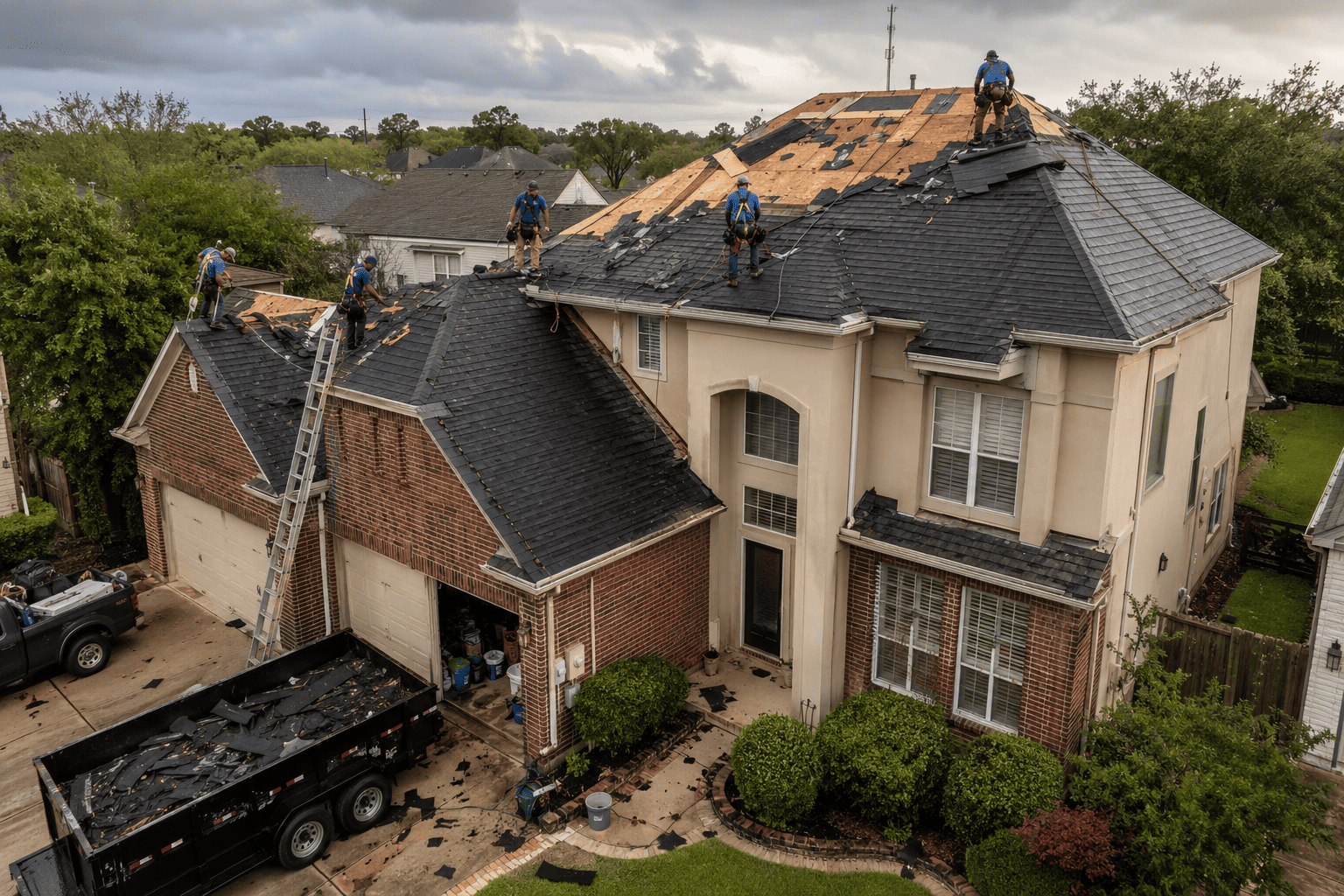 SafeGuard Roofing crew removing storm-damaged shingles on a Houston home