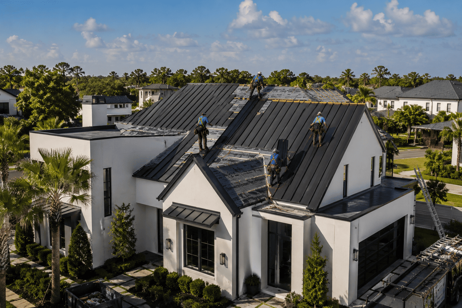 SafeGuard Roofing crew installing a standing seam roof on a modern home
