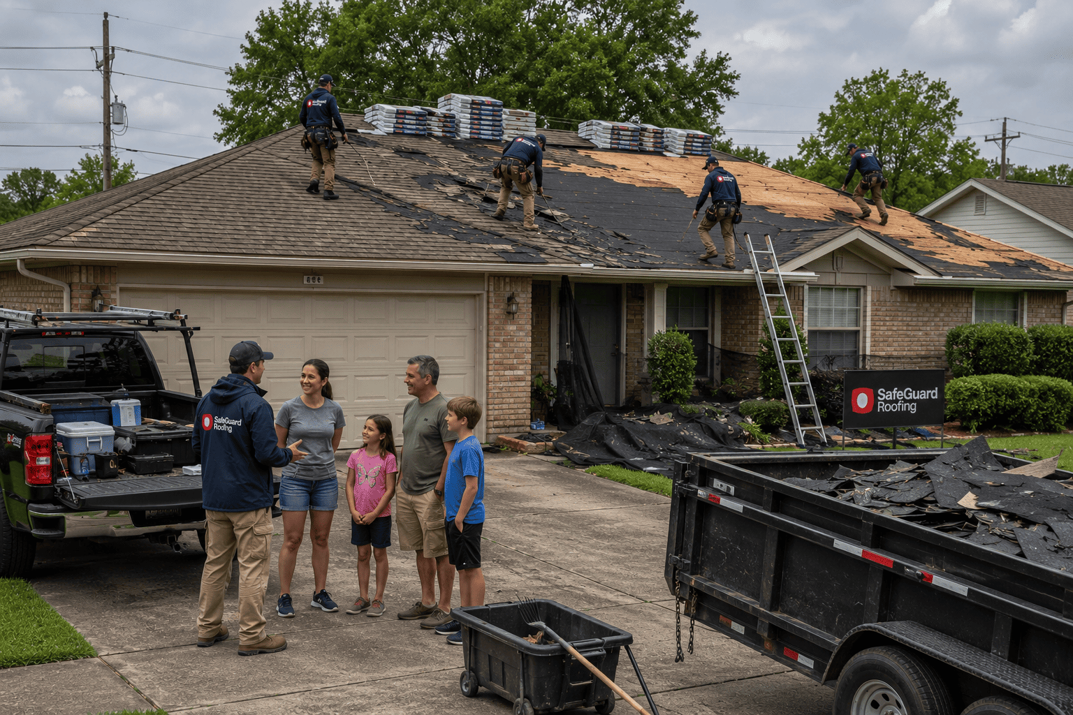 SafeGuard Roofing crew meeting with homeowners during a roof replacement