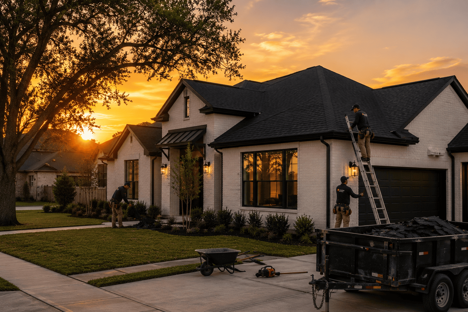 SafeGuard Roofing final cleanup at sunset after a residential roof project